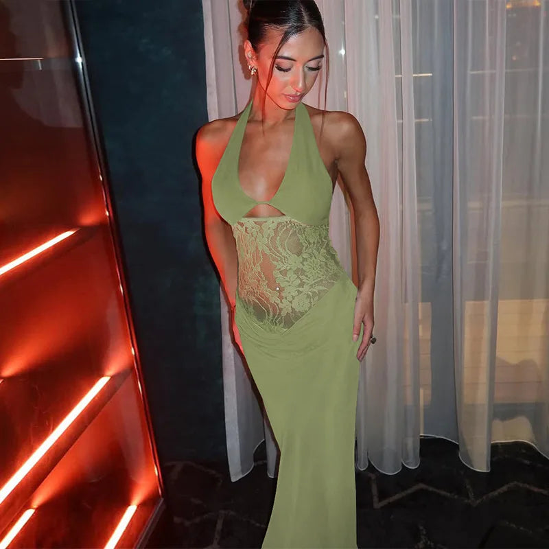 Sheer Lace Hollow Out Sexy Maxi Dress For Women Gown Halter Deep V Neck Sleeveless Backless Bodycon Long Dress