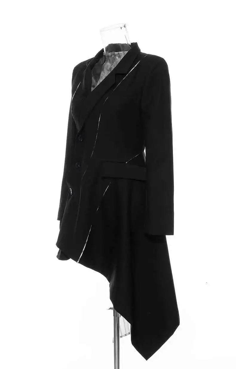 Women Black White Striped Spliced Irregular Dress New Round Neck Full Sleeve Loose Fit Fashion Spring Autumn 2025 1A320