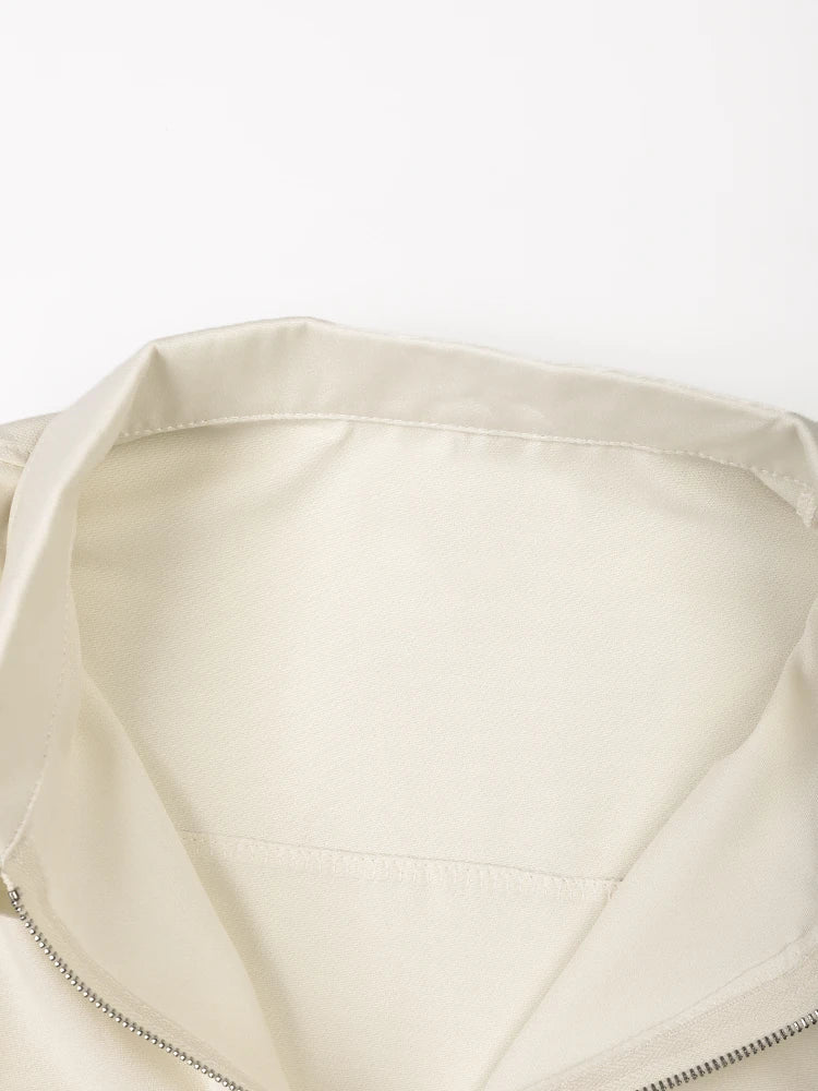 Women Beige Zipper Pocket Back Bandage Blouse New Lapel Long Sleeve Loose Fit Shirt Fashion Spring Autumn 2025 1DF149100