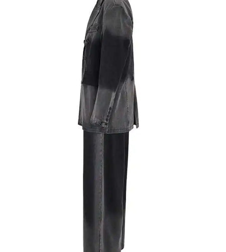 Gray Big Size Denim Jacket Wide Leg Pants Two Piece Suit New Lapel Long Sleeve Women Fashion Spring Autumn 2025 CPG0798