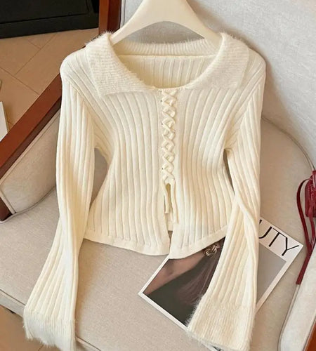 Korean Autumn Winter Grey Patchwork Elegant Pullover Short Sweater Women's 2024 New Beige Lace-up Long Sleeved Knitted Tops Chic