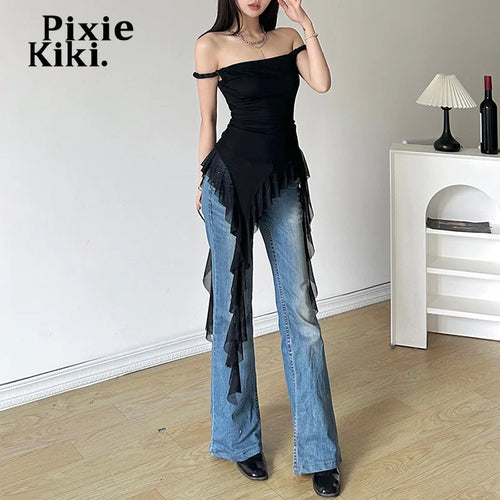 Load image into Gallery viewer, Mesh Ruffled Off Shoulder T Shirts Women Y2k 2000s Aesthetic Asymmetrical Tops White Black Summer Clothes P94-BH24
