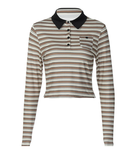 Casual Striped Crop Top y2k Fall Spring Clothes Lapel Collar Button Up Long Sleeve T Shirt with Pocket 2000s Streetwear