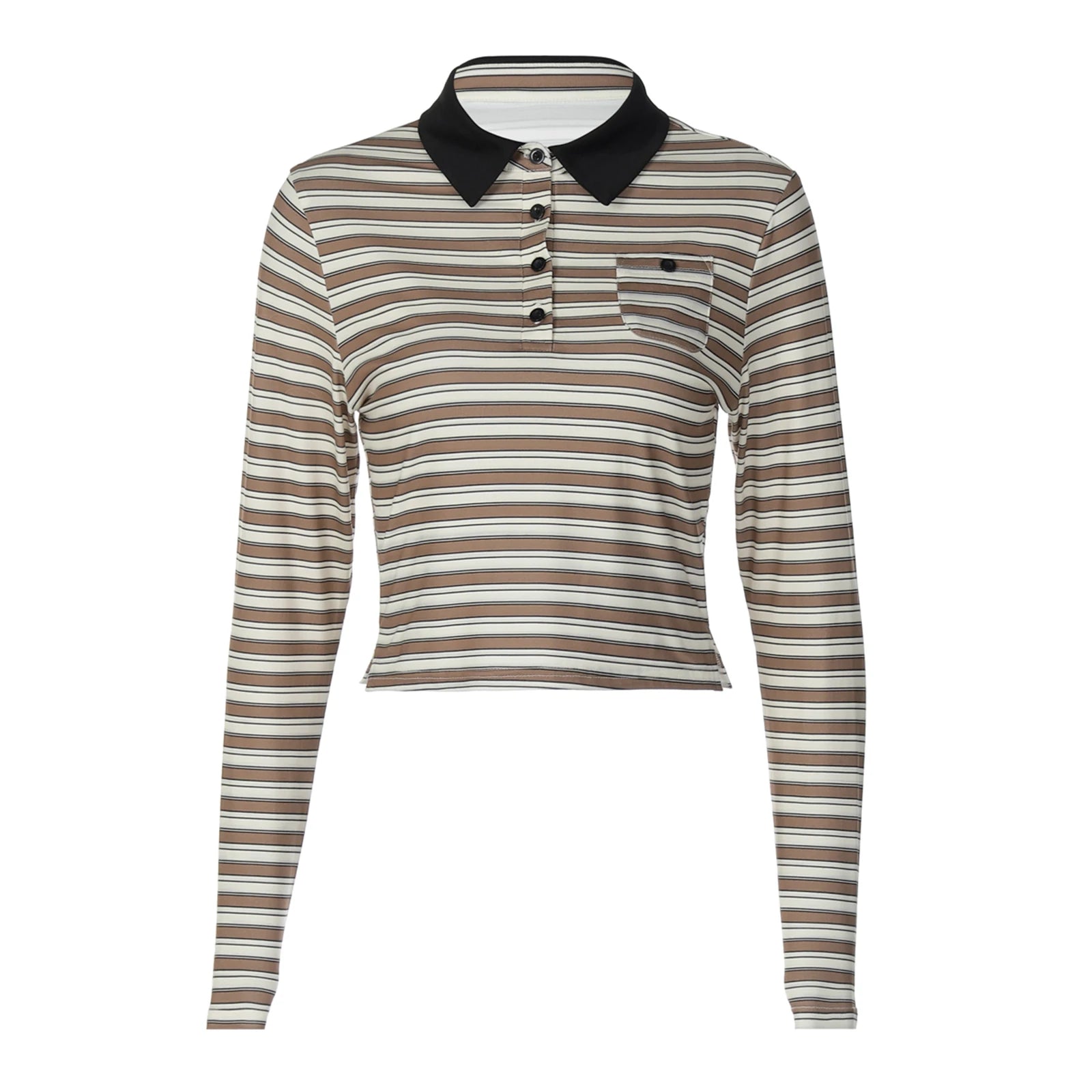 Casual Striped Crop Top y2k Fall Spring Clothes Lapel Collar Button Up Long Sleeve T Shirt with Pocket 2000s Streetwear