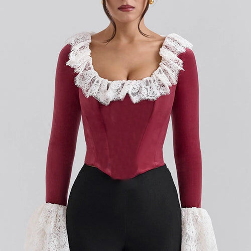 Load image into Gallery viewer, Fashion Lace Lace Korean Velvet Patchwork Elastic Tight Women's Top Sexy Bandage T-shirt Autumn/Winter Long Sleeve 2025
