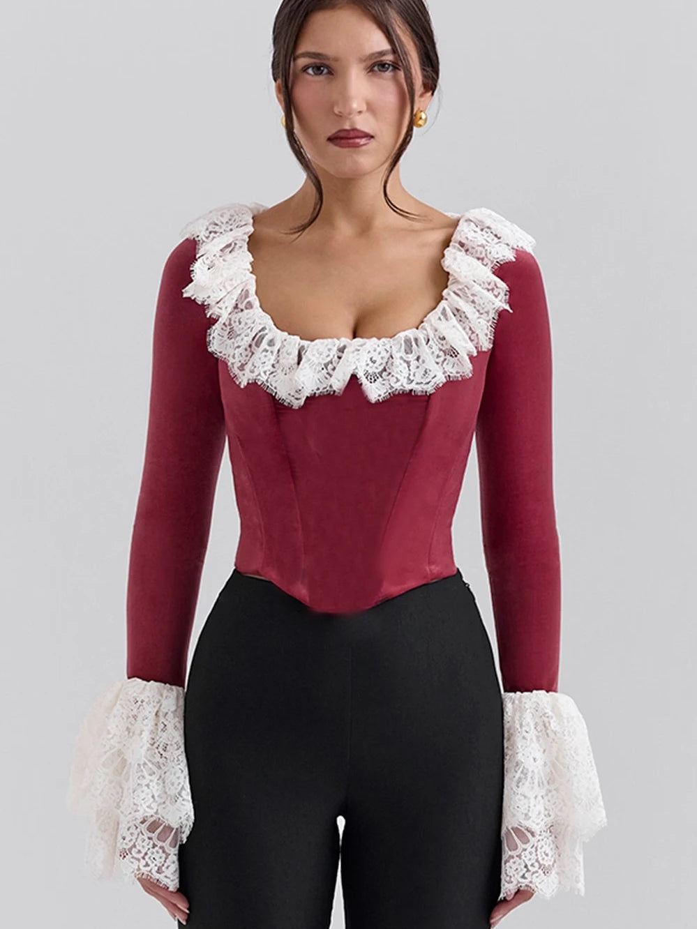 Fashion Lace Lace Korean Velvet Patchwork Elastic Tight Women's Top Sexy Bandage T-shirt Autumn/Winter Long Sleeve 2025