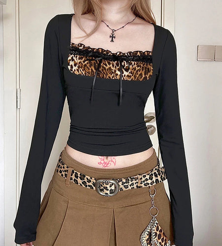 Fairy Grunge Top y2k Clothes Women Leopard Print Bowknot Front Ruffle Trim Square Neck Long Sleeve T Shirt Streetwear