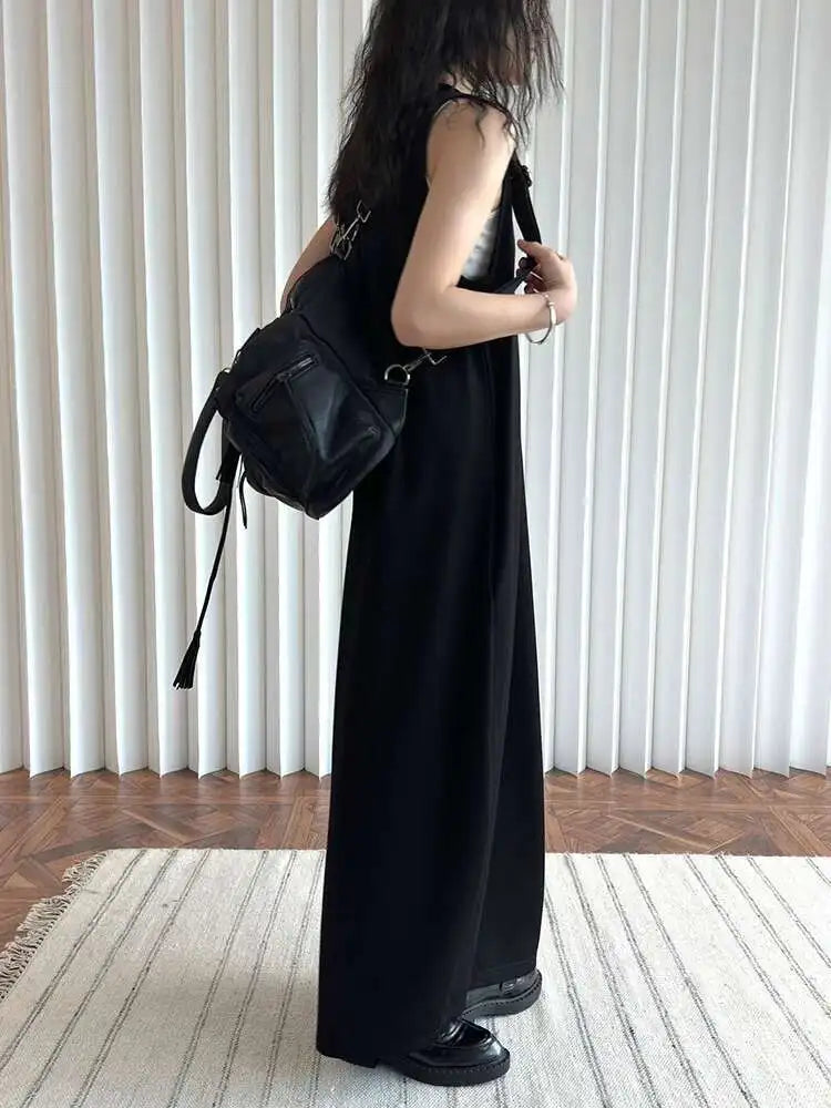 Women Black Brief Irregular Shaped Pocket Long Elegant Dress New V-Neck Sleeveless Fashion Tide Spring Autumn 2025 1DH9419
