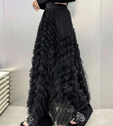 High Elastic Waist Black Layers Mesh Shaped Elegant Half-body Skirt Women Fashion Tide New Spring Autumn 2025 1DH4808