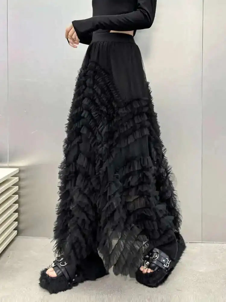 High Elastic Waist Black Layers Mesh Shaped Elegant Half-body Skirt Women Fashion Tide New Spring Autumn 2025 1DH4808