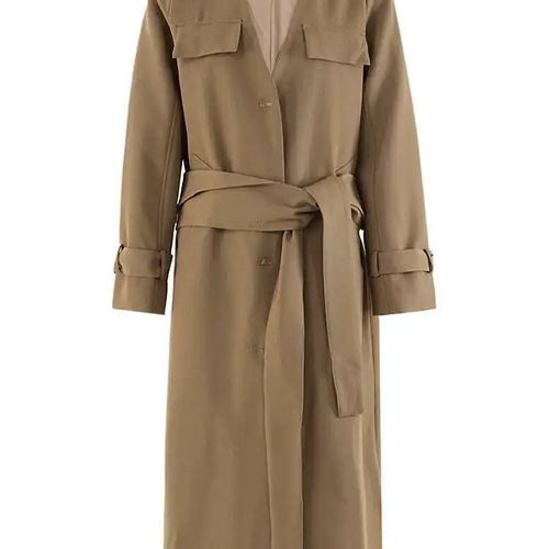 Load image into Gallery viewer, Women Khaki Belted Big Size Long Elegant Trench New V-neck Long Sleeve Windbreaker Fashion Tide Spring Autumn 2025 7AB252
