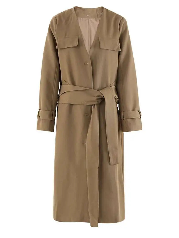 Women Khaki Belted Big Size Long Elegant Trench New V-neck Long Sleeve Windbreaker Fashion Tide Spring Autumn 2025 7AB252