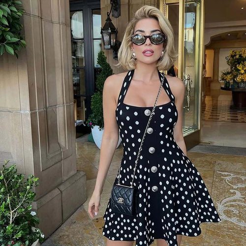 Load image into Gallery viewer, Halter Backless Polka Dot Dress For Women Fashion Square Collar Sleeveless High Waist A-line Knit Mini Dress Elegant
