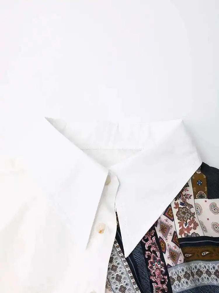 Women White Pattern Printed Irregular Big Size Blouse New Lapel Long Sleeve Shirt Fashion Tide Spring Autumn 2025 CPG1305