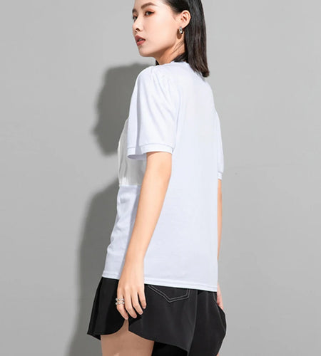 Women White Pleated Spliced Big Size Casual T-shirt New Round Neck Short Sleeve Fashion Tide Spring Summer 2025 1DJ1055