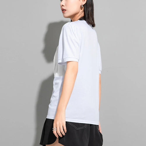 Load image into Gallery viewer, Women White Pleated Spliced Big Size Casual T-shirt New Round Neck Short Sleeve Fashion Tide Spring Summer 2025 1DJ1055
