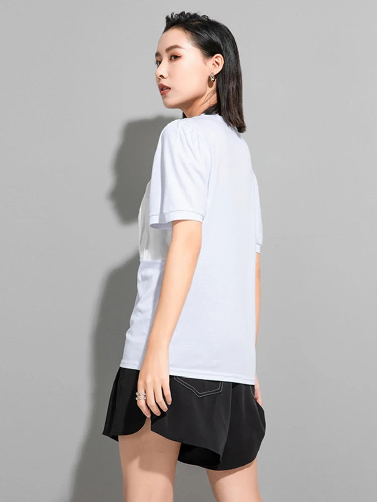 Women White Pleated Spliced Big Size Casual T-shirt New Round Neck Short Sleeve Fashion Tide Spring Summer 2025 1DJ1055