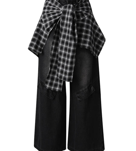 High Waist Blue Denim Plaid Bandage Casual Wide Leg Jeans New Women Trousers Fashion Tide Spring Autumn 2025 CPG3008