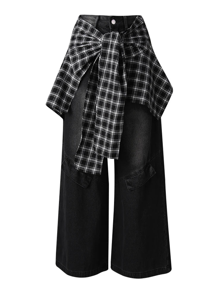 High Waist Blue Denim Plaid Bandage Casual Wide Leg Jeans New Women Trousers Fashion Tide Spring Autumn 2025 CPG3008