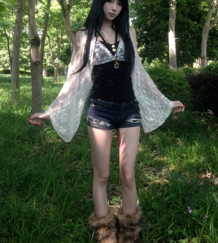 Summer Fake Two Pieces Lace Patchwork Women T-shirt Harajuku Off Shoulder Slim Fit Tops Y2k Aesthetic Grunge Ruffle Sleeve Tees