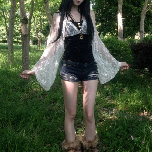 Load image into Gallery viewer, Summer Fake Two Pieces Lace Patchwork Women T-shirt Harajuku Off Shoulder Slim Fit Tops Y2k Aesthetic Grunge Ruffle Sleeve Tees
