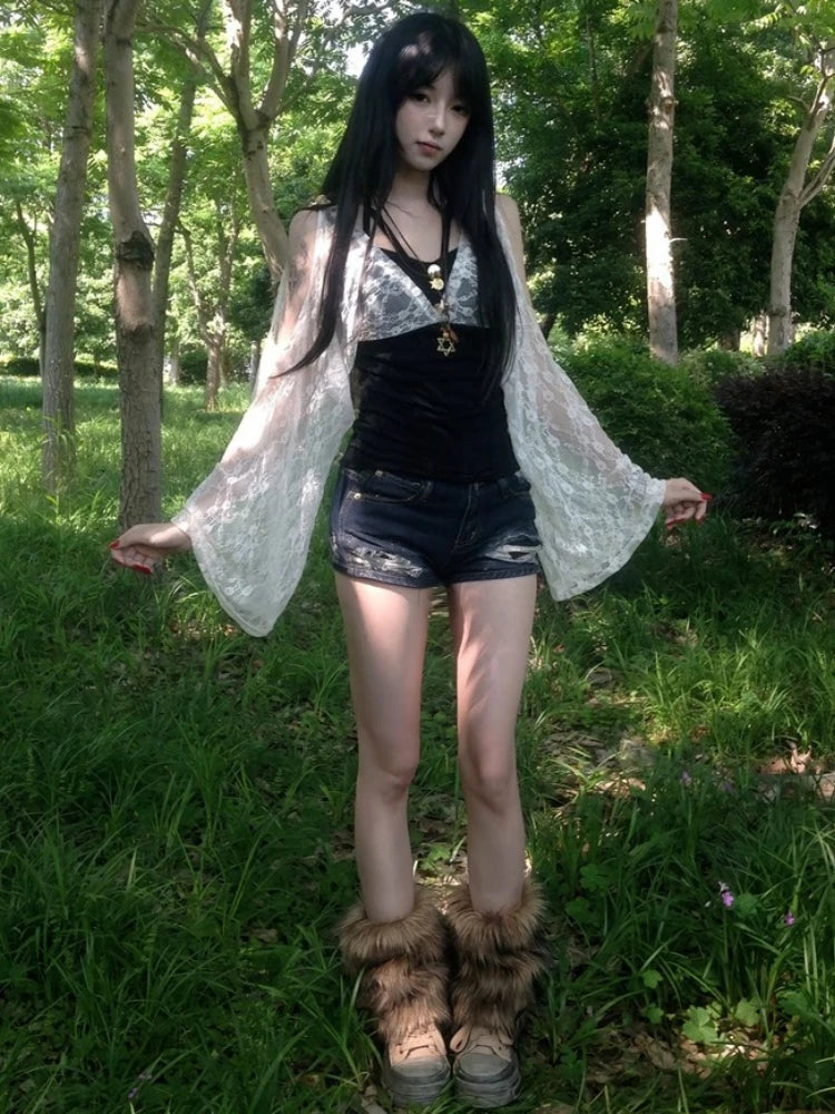 Summer Fake Two Pieces Lace Patchwork Women T-shirt Harajuku Off Shoulder Slim Fit Tops Y2k Aesthetic Grunge Ruffle Sleeve Tees