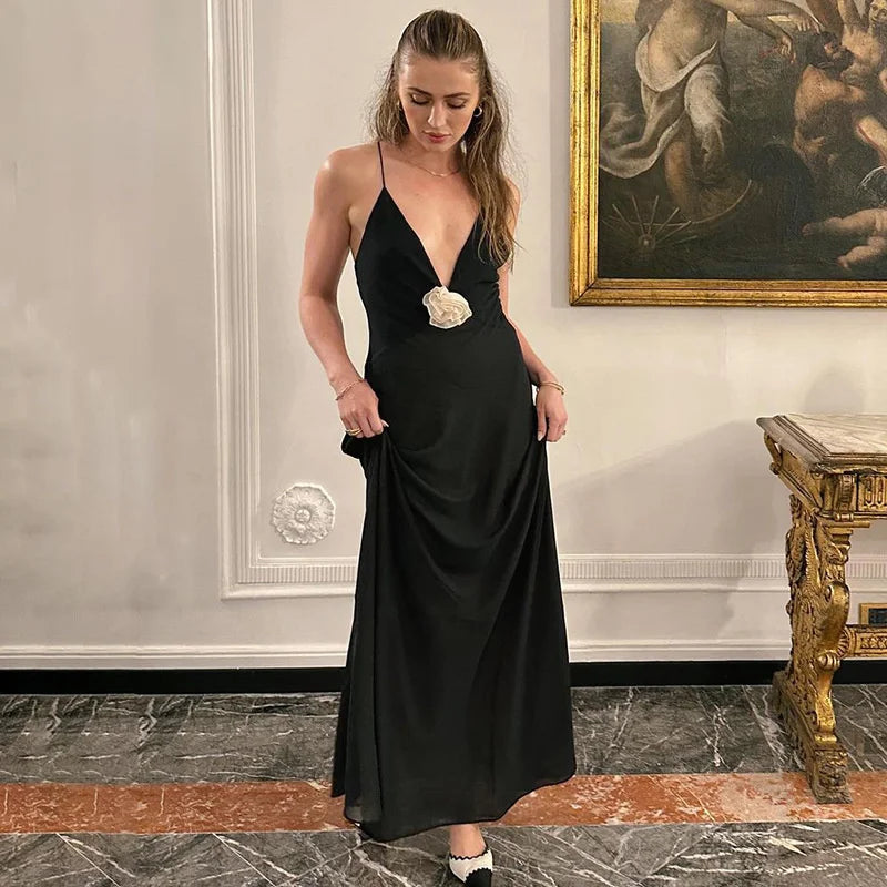 Deep V Neck Tie Flower Backless Maxi Dress Women New Spaghetti Strap Sleeveless Long Dress Elegant Sexy Club Slipdress