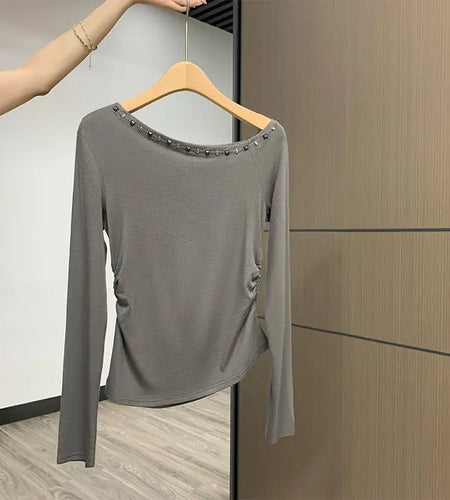 Black T Shirt Women Clothing Off Shoulder Tunic Rivet Slash Neck Tshirts Y2k Tops 2024 Ropa Mujer Korean Tees Chic Sexy T-shirts