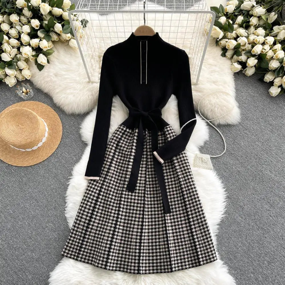 Women's New French Vintage Black Patchwork Lattice Slim Temperament Knit Dress Autumn Winter Elegant Bandage Party Long Dresses