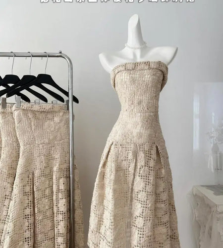 Summer 2024 Khaki Sleeveless Backless Elegant Sexy Club Strapless Dress Women Hollow Out Flower Crochet Party Long Dress Popular