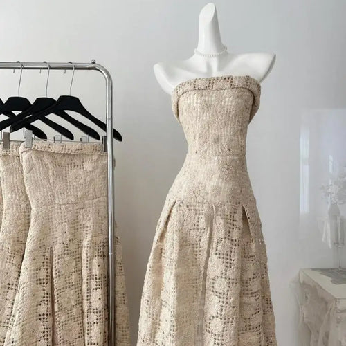 Load image into Gallery viewer, Summer 2024 Khaki Sleeveless Backless Elegant Sexy Club Strapless Dress Women Hollow Out Flower Crochet Party Long Dress Popular
