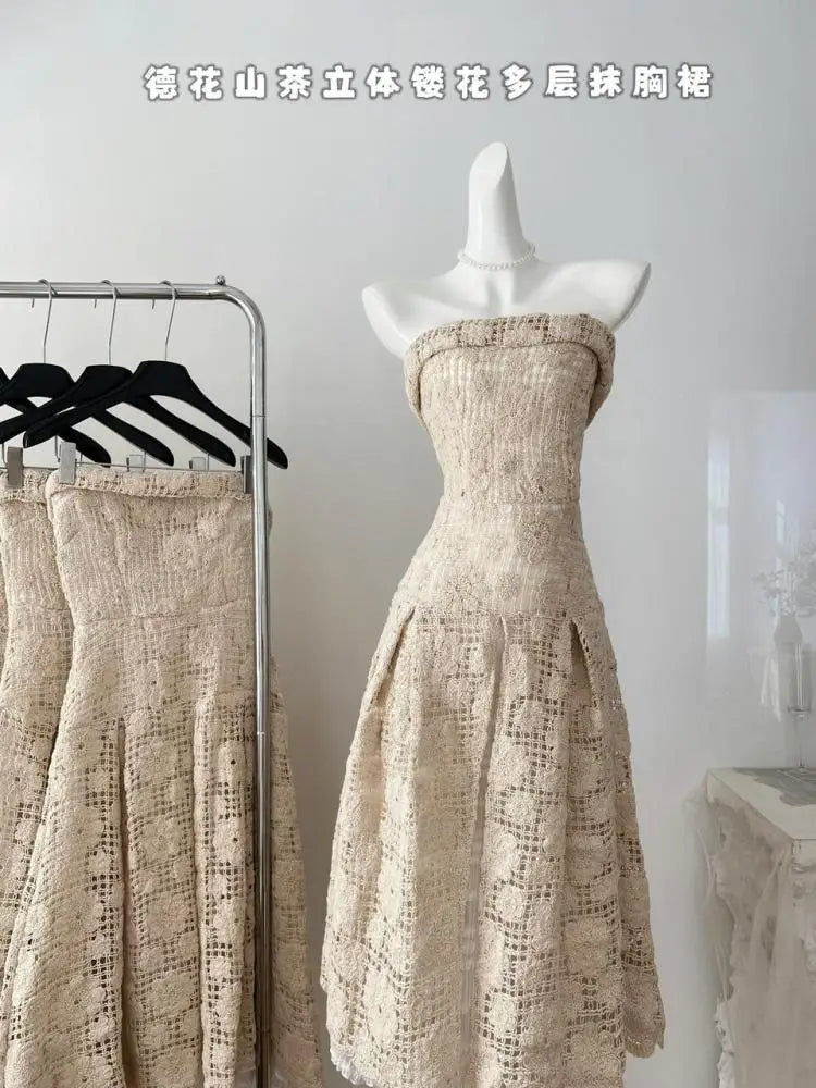 Summer 2024 Khaki Sleeveless Backless Elegant Sexy Club Strapless Dress Women Hollow Out Flower Crochet Party Long Dress Popular