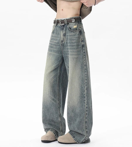 Men's Jeans Washed Amercican Hign Street Trendy Cat Whisker Design Wide Leg Male Denim Pants Solid Color Bottoms 9W1659