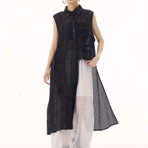 Load image into Gallery viewer, Women White Hollow Out Big Size Long Elegant Shirt Dress New Lapel Sleeveless Fashion Tide Spring Autumn 2025 1DH9424
