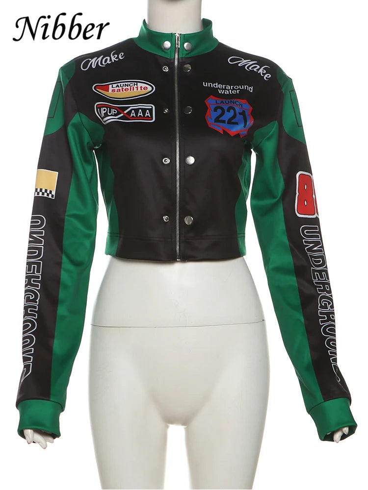 Hipster Patchwork Jacket Women Y2K Letter Print Hipster Uniform Street Single-Breasted Hipster Autumn Trend Zip Coats