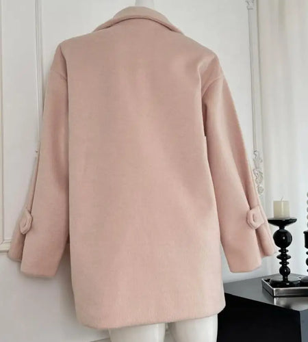 Korean Fashion Sweet Pink Single Breasted Loose Short Woolen Coat Women 2024 Autumn Winter Casual Scarf Jacket Streetwear Simple