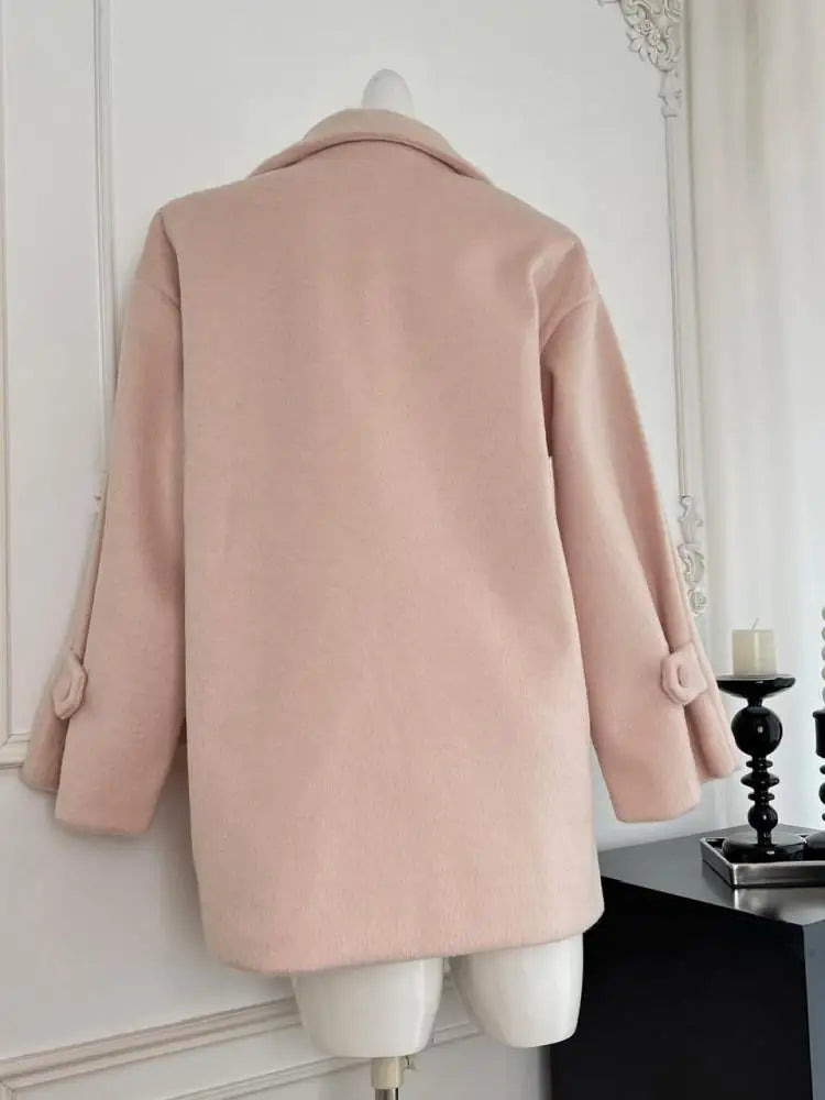 Korean Fashion Sweet Pink Single Breasted Loose Short Woolen Coat Women 2024 Autumn Winter Casual Scarf Jacket Streetwear Simple