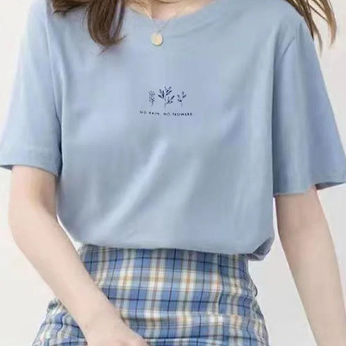 Load image into Gallery viewer, Korean Style Round Neck T-shirt Women's Summer Loose Fit Plant Printing Casual Solid Color Short Sleeves Top For Students
