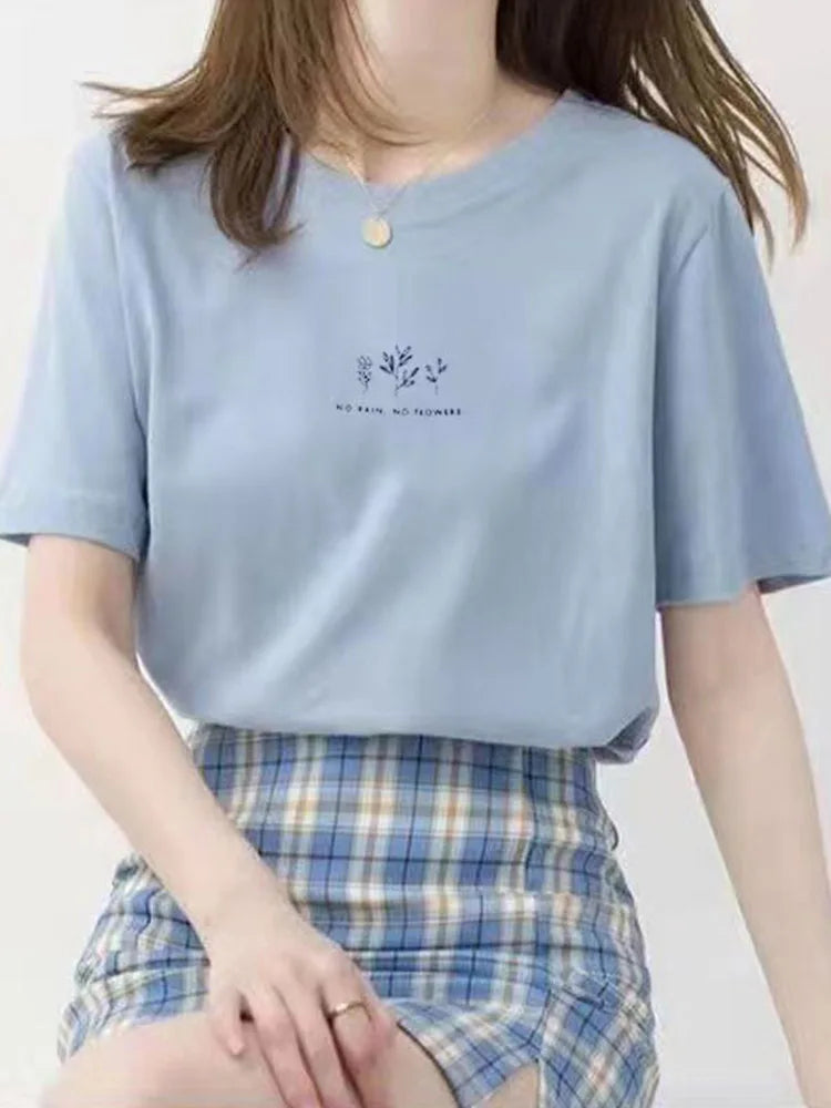Korean Style Round Neck T-shirt Women's Summer Loose Fit Plant Printing Casual Solid Color Short Sleeves Top For Students