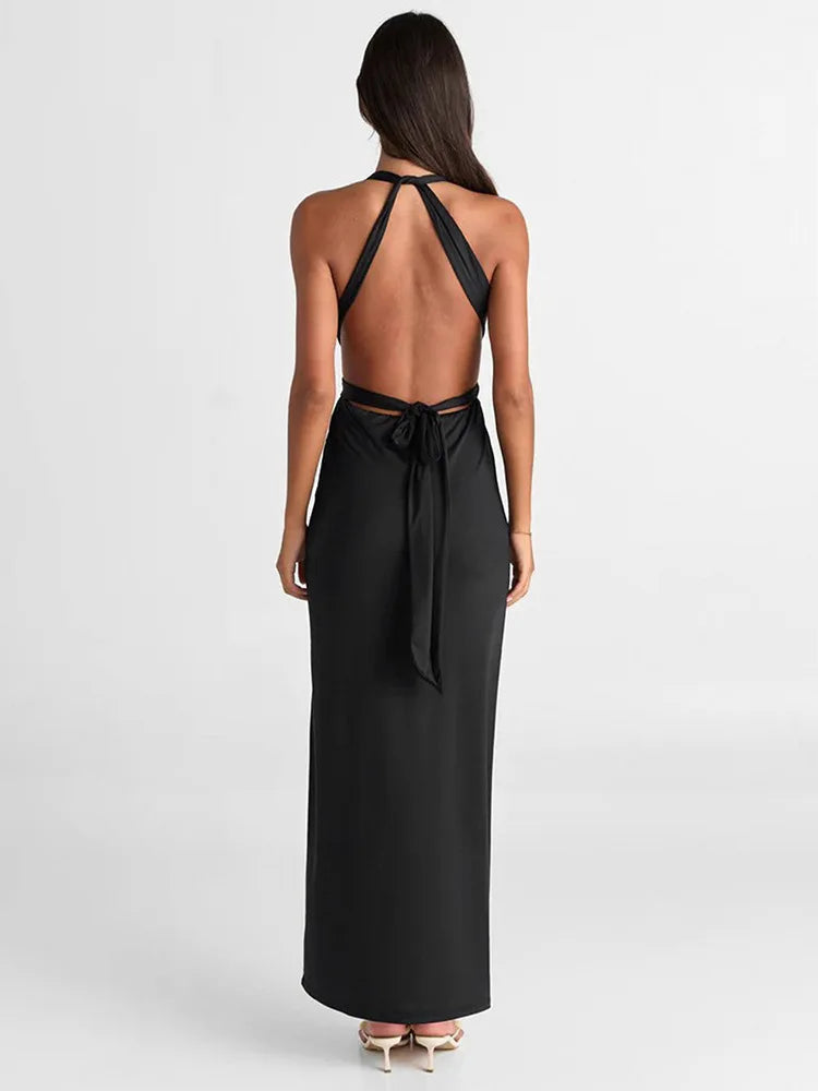 Halter Deep V Neck Sexy Maxi Dress For Women Fashion Solid Sleeveless Backless Lace-up Club Party Long Dress Vestido