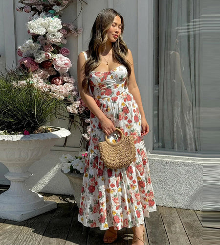 Summer Ruffle Hems Elegant Party Dresses 2024 Causal Floral Print Fit and Flare Dress with Pocket Women Midi Dress