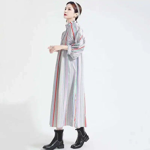 Load image into Gallery viewer, Women Striped Spliced Long Shirt Dress New Stand Collar Three-quarter Sleeve Loose Fit Fashion Spring Autumn 2025 1DE0219
