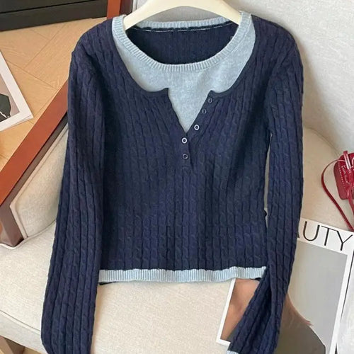 Load image into Gallery viewer, Korean Autumn Winter Patchwork Elegant Button Pullover Short Sweater Women's 2024 New Long Sleeved Knitted Tops Versatile Casual
