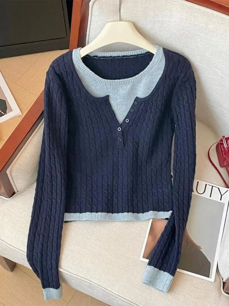 Korean Autumn Winter Patchwork Elegant Button Pullover Short Sweater Women's 2024 New Long Sleeved Knitted Tops Versatile Casual