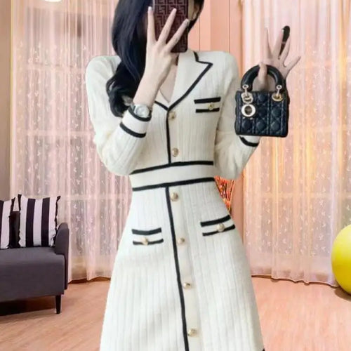 Load image into Gallery viewer, Autumn Winter Black White Patchwork High Wais A-line Knit Dress French Women's New Long Sleeved Slim Single Breasted Short Dress
