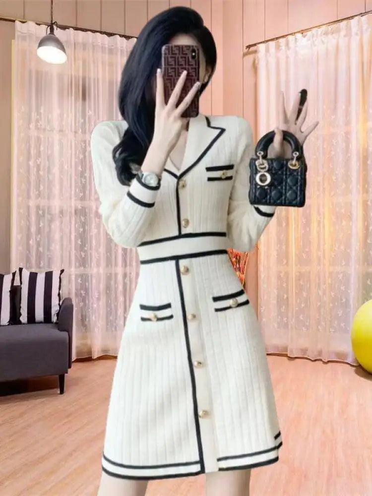 Autumn Winter Black White Patchwork High Wais A-line Knit Dress French Women's New Long Sleeved Slim Single Breasted Short Dress