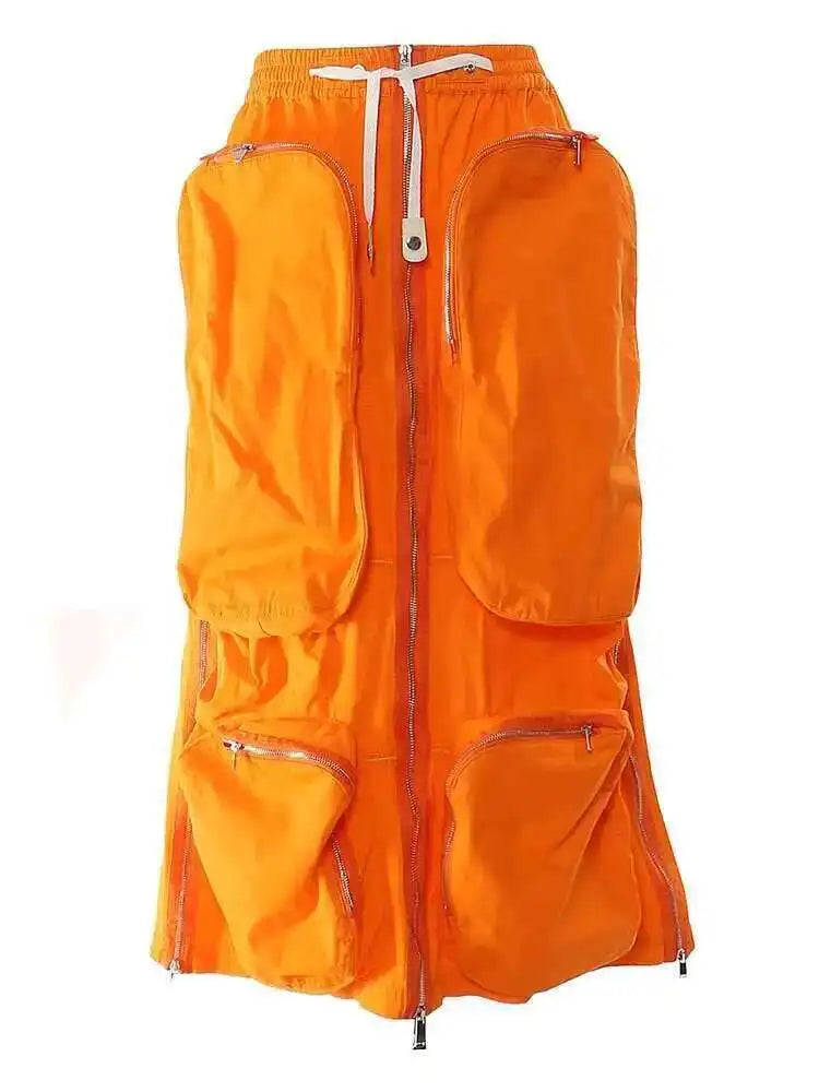 High Elastic Waist Orange Pocket Zipper Long Casual Half-body Skirt Women Fashion Tide New Spring Autumn 2025 1DE9890