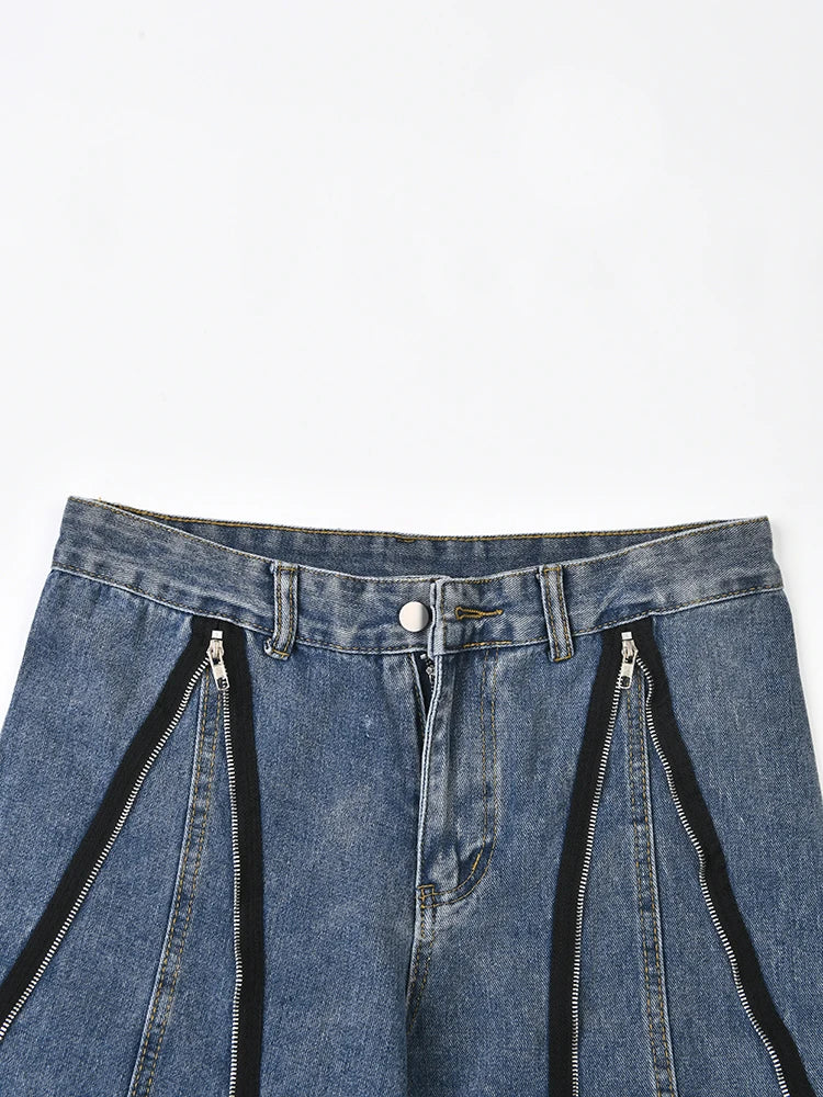 Colorblock Patchwork Zipper Loose Casual Denim Pants For Women High Waist Spliced Button Wide Leg Jeans Female