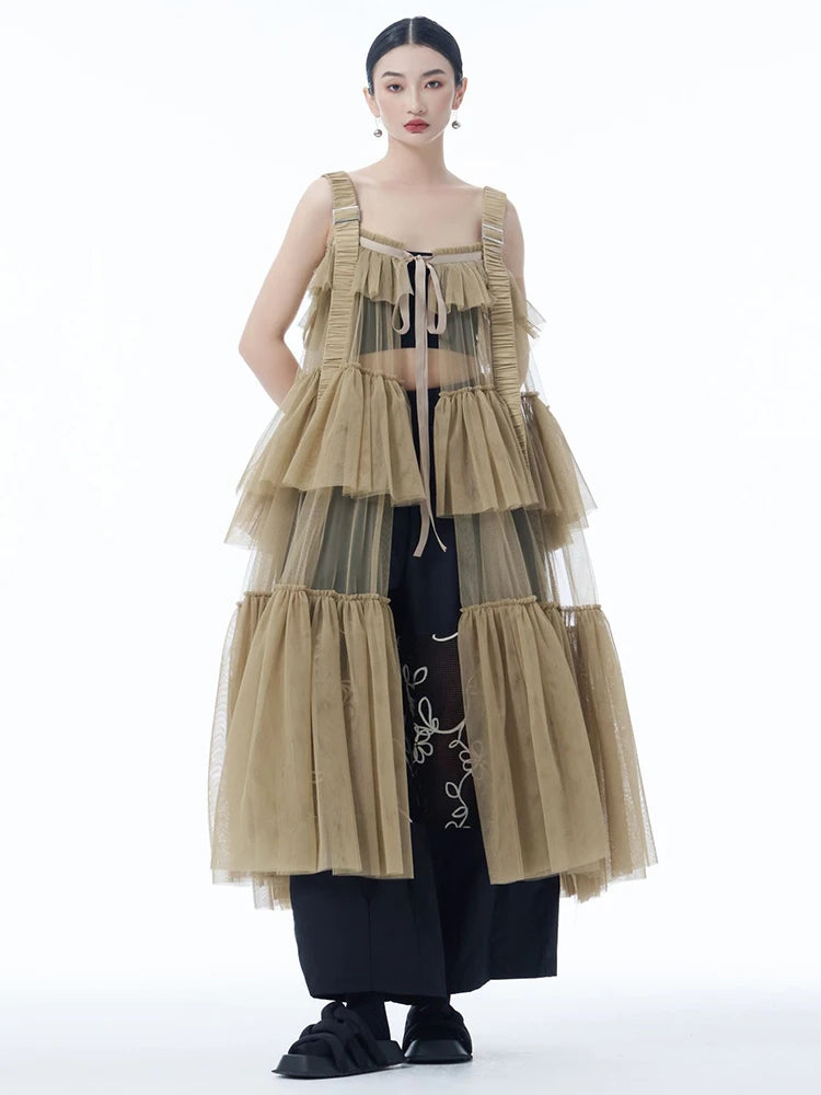 Women Black Mesh Perspective Big Size Strap Dress New Square Collar Sleeveless Fashion Tide Spring Summer 2025 1DJ1242