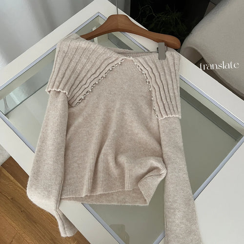 Load image into Gallery viewer, Korean Fashion Khaki Long Sleeve Versatile Sweater Women Autumn Winter Elegant Off Shoulder Pearl Knit Cotton Tops Popular Trend
